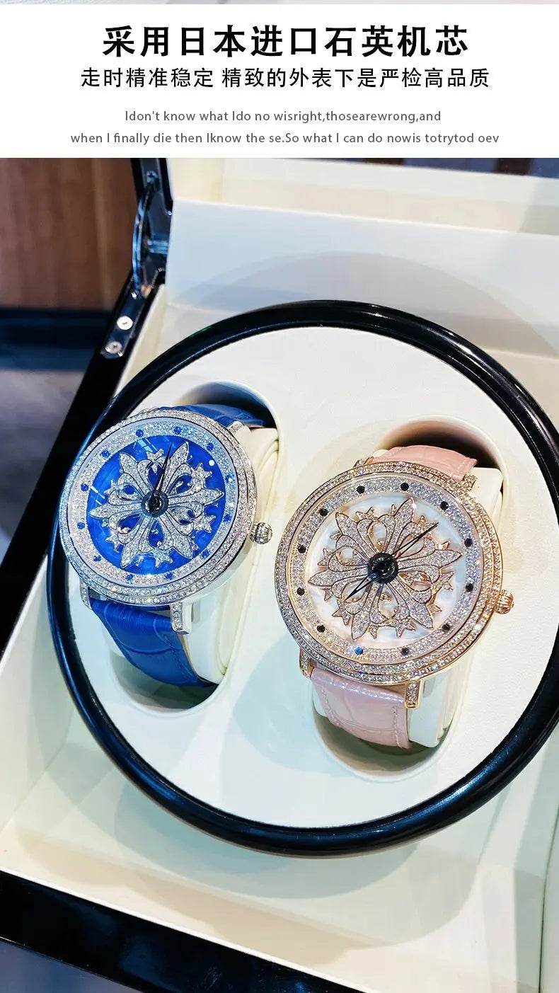 Luxury Davena Spin Snow Flower Women's Watch Japan Mov't Crystal Lady Hours Fine Fashion Real Leather Bracelet Girl's Gift Box