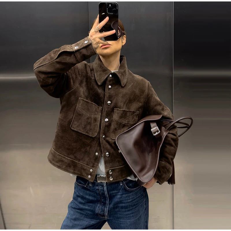Big Pockets Suede Short Women's Jackets Vintage Lapel Single Breasted Full Sleeve Jacket Lady 2025 Spring Fashion Streetwears