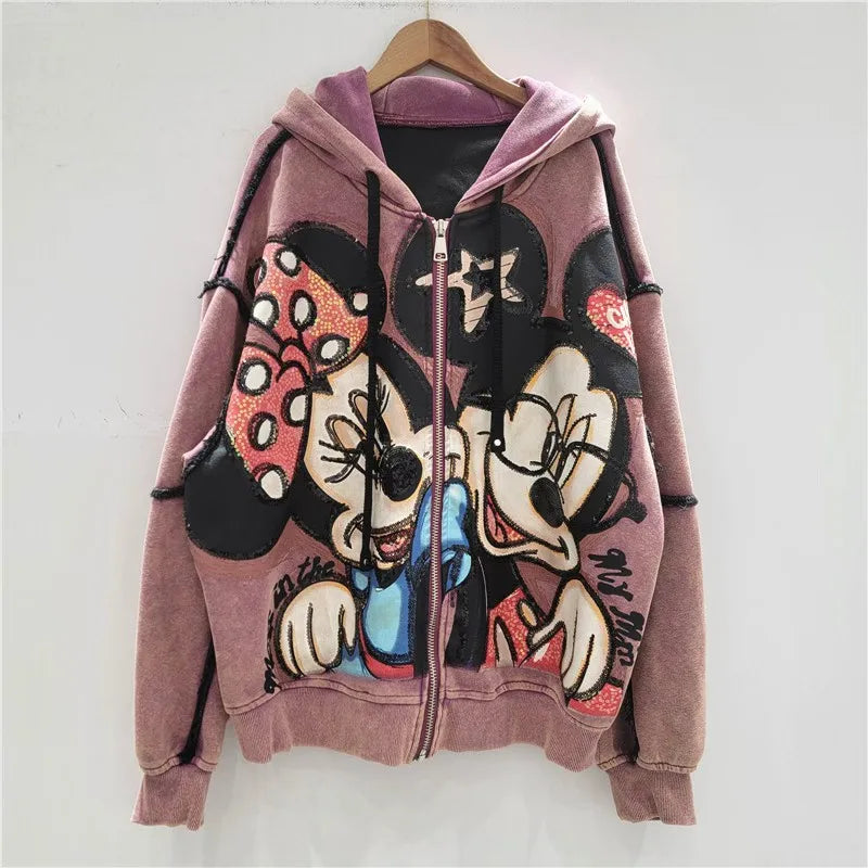 Autumn New Heavy Embroidery Cartoon Loose Coat Fashion Age-Reducing Hooded Jacket Zipper Long Sleeves Tie Top Outerwear Ladies