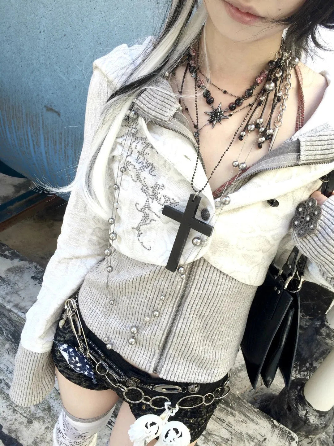Karrram Japanese Y2k Fake Two-piece Knitted Tops Trashy 2000s Hooded Jacket Vintage Harajuku Knitwear Grunge Aesthetics American