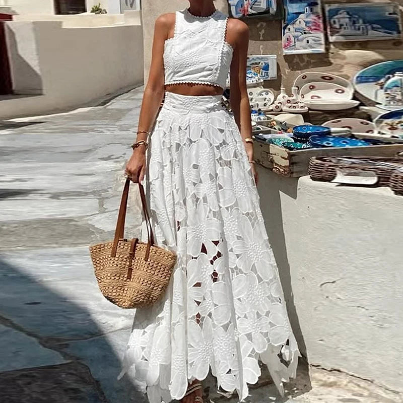 Short Top Patchwork Two Pieces Matching Sets, Women Summer Solid Simple Maxi Skirts Outfit, 2025 Sleeveless Zipper Ladies Suits