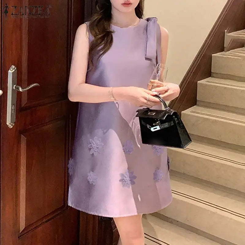 ZANZEA Women Elegant Sleeveless Mini Dress Korean Decor Flower Bow Tank Robe 2024 Autumn Round Neck Vestidos Holiday Party Dress