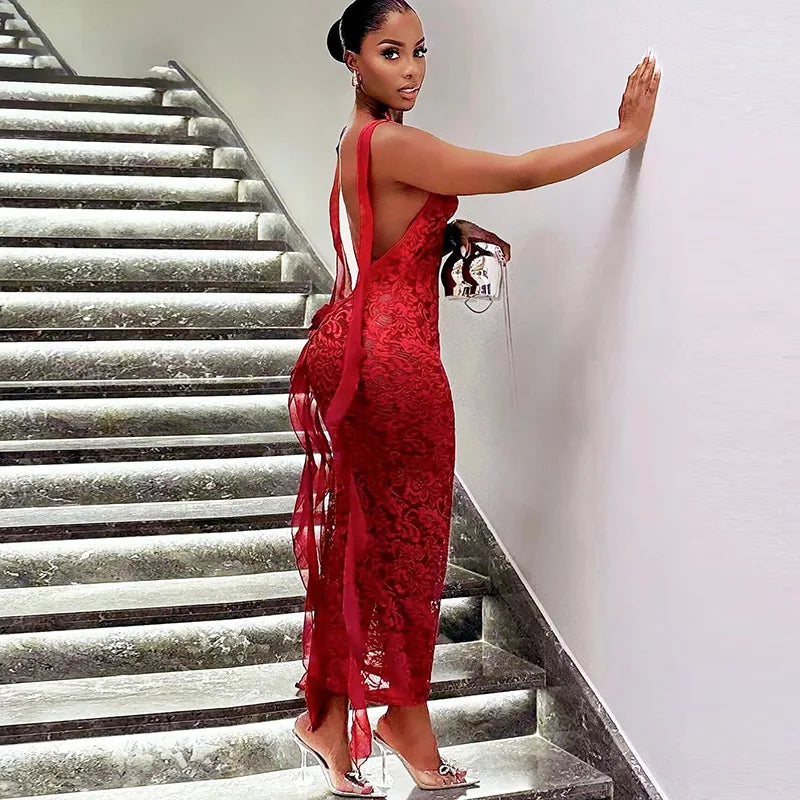 CM.YAYA Women lace Sleeveless Strap Floral Backless Sleeveless Sexy Party Bodycon Midi Maxi Long Dress 2025 Dresses Vestidos