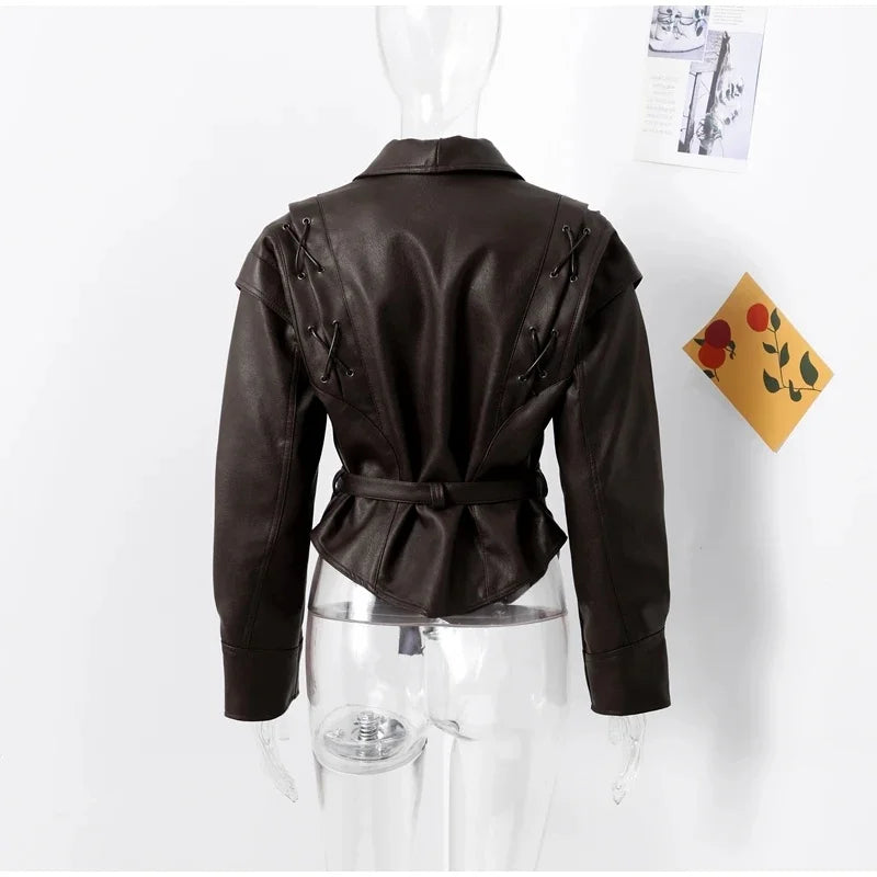 Women Leather Bomber Jackets Coats With Belt Notched Shoulder Pads Motorcycle Street Chic Short Outwear Fashion Solid Lace Up