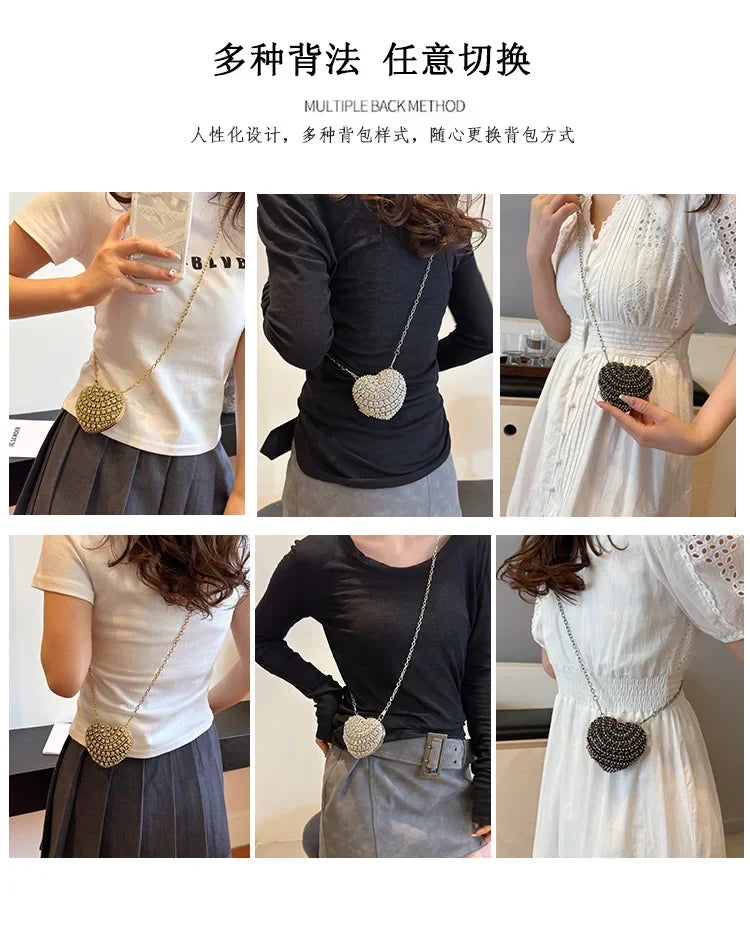 Luxury Mini Diamond Inlay Heart Shape Crystal Clutch Purse Stones Evening Wedding Party Shoulder Bag Handle Rhinestone Handbags
