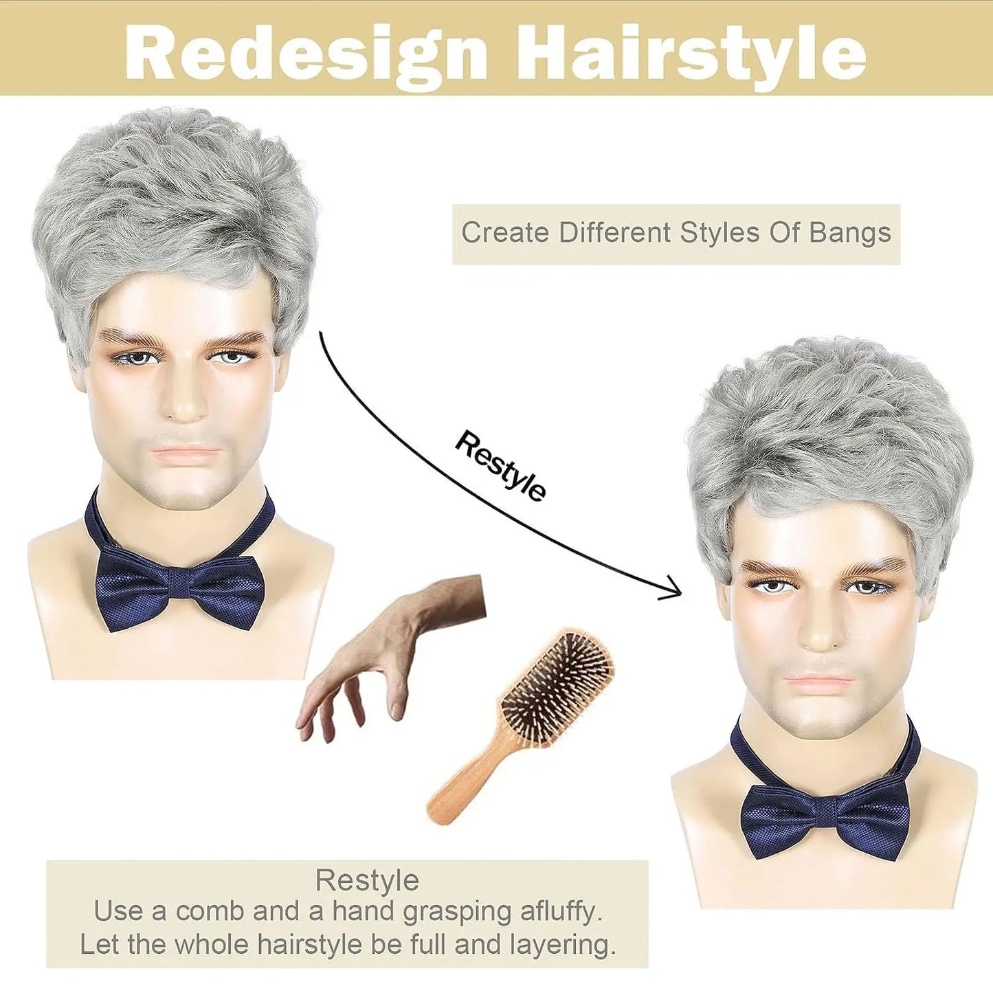 Men Wigs Short Silver Gray Wig Synthetic Heat Resistant Natural Halloween Cosplay Hair Wig