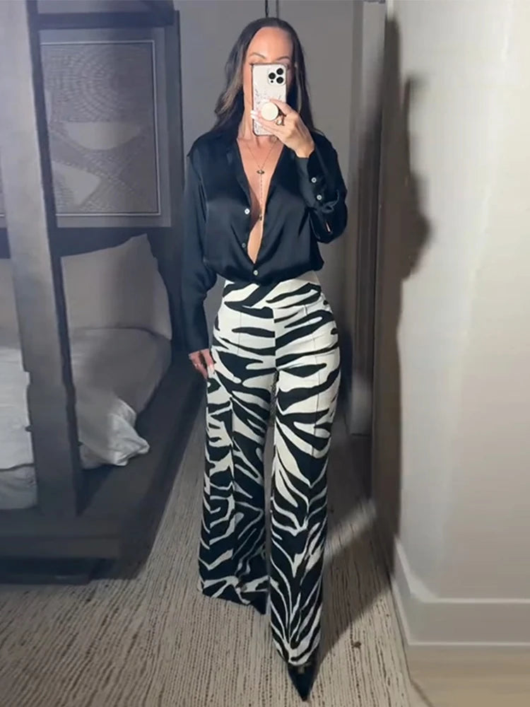 Zebra Print Wide Leg Women Pants High Waisted Stretch Fit 2025 Autumn Fashion Elegant Casual Bottoms Office Chic Lady Trousers