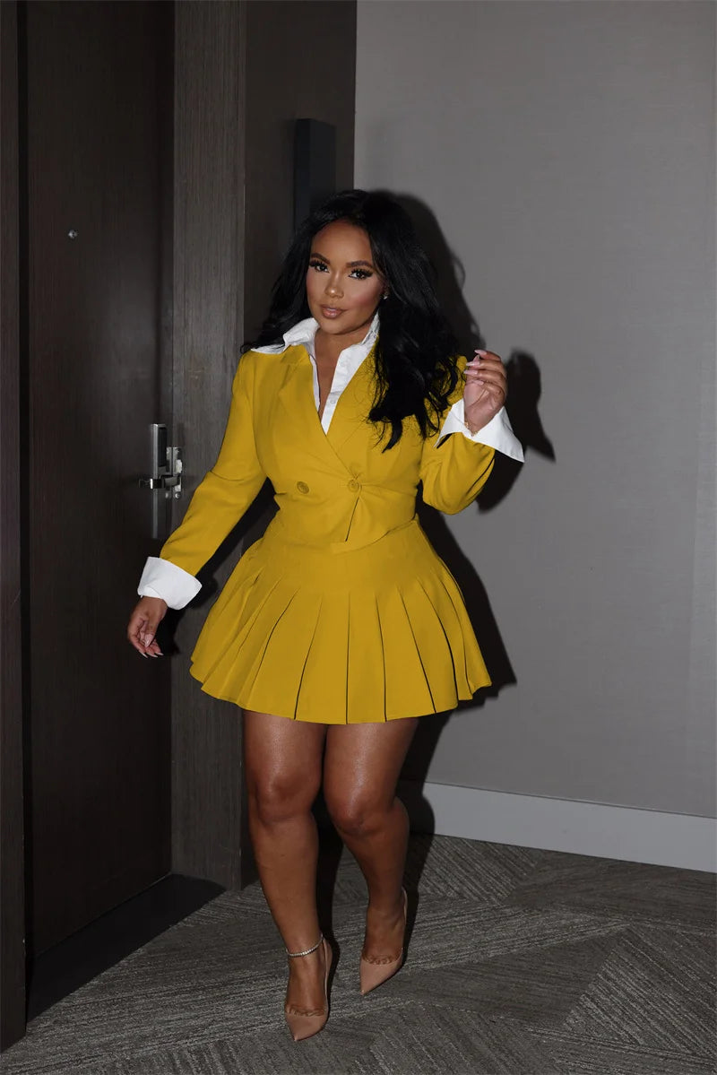 2025 Elegant Workwear 2 Piece Outfit Sets for Women Office Lady Double-breasted Blazer Coat and A-line Pleated Mini Skirt Suits