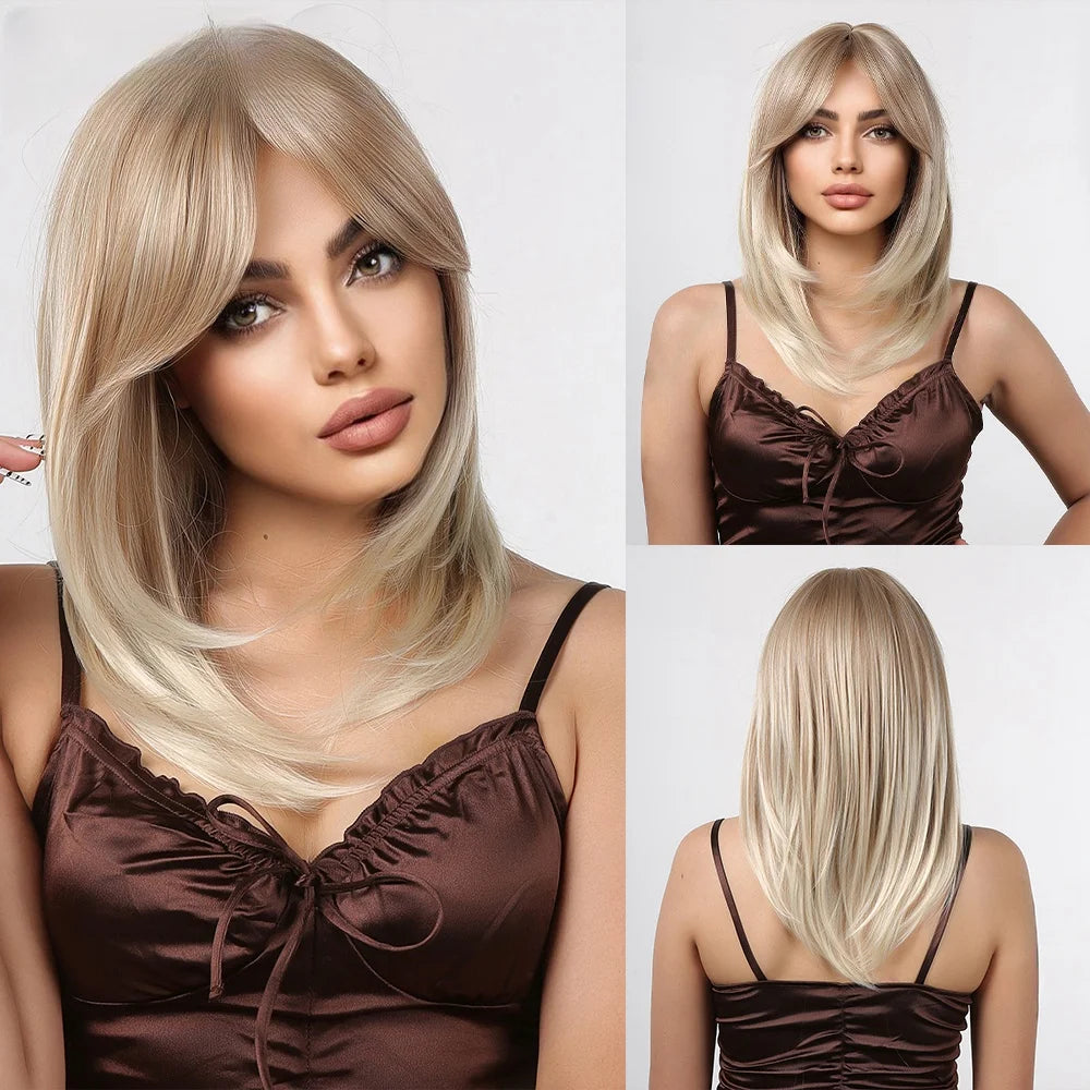 Long Straight Layered Blonde Wig With Bangs for Women