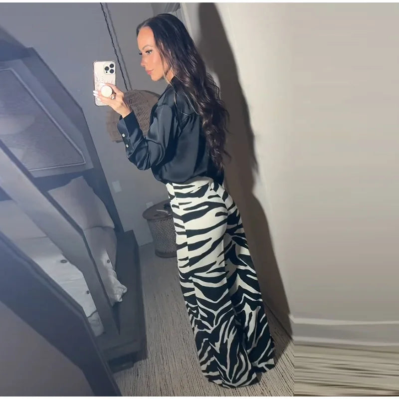 Zebra Print Wide Leg Women Pants High Waisted Stretch Fit 2025 Autumn Fashion Elegant Casual Bottoms Office Chic Lady Trousers