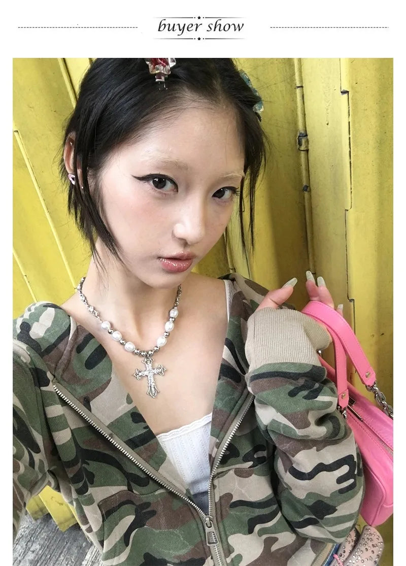 Karrram Japanese Y2k Cropped Jacket Vintage Harajuku Short Coat 2000s Korean Fashion Camouflage Zipper Hooded Sweatshirt Grunge