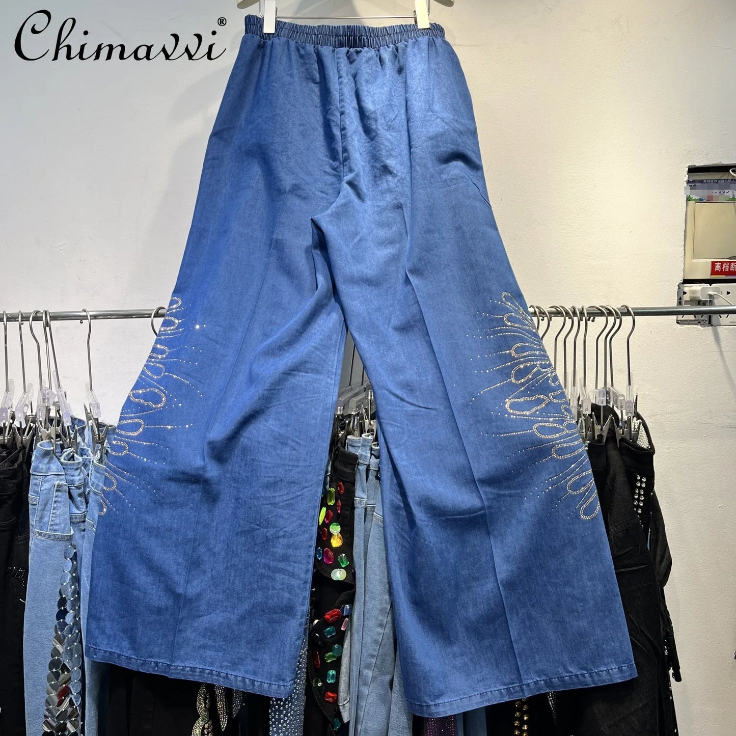 Heavy Industry Hot Diamond Temperament Pants Set 2025 Summer New Fashion Loose Shirt Top Wide Leg Pants Women's Two-piece Set