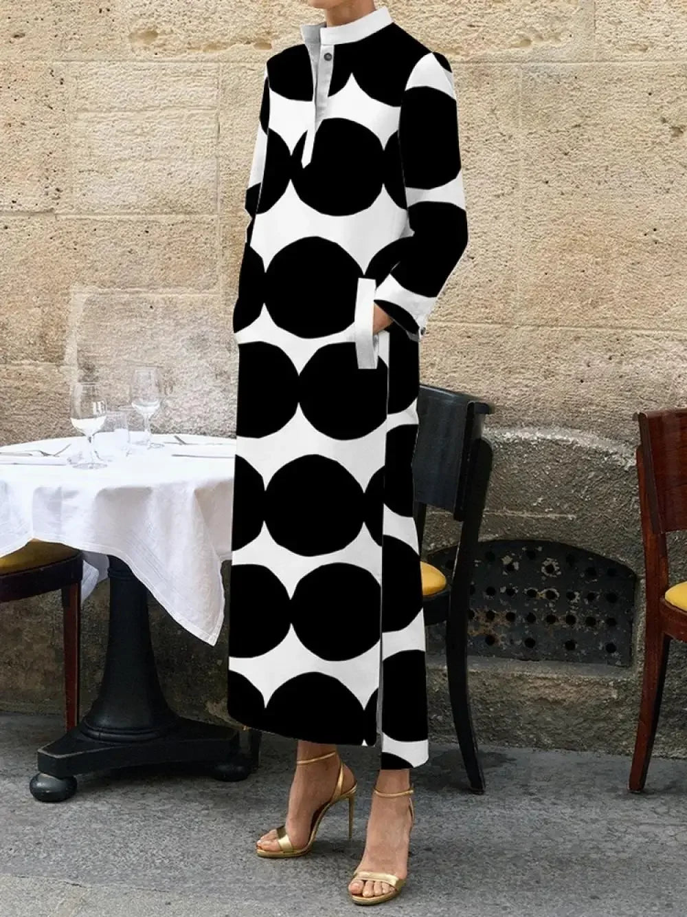 UOOZEE Women Polka-Dot Split-side Stand Collar H-line Shirts Dress 2024 New Autumn Long Sleeves Elegant Evening Maxi Dresses