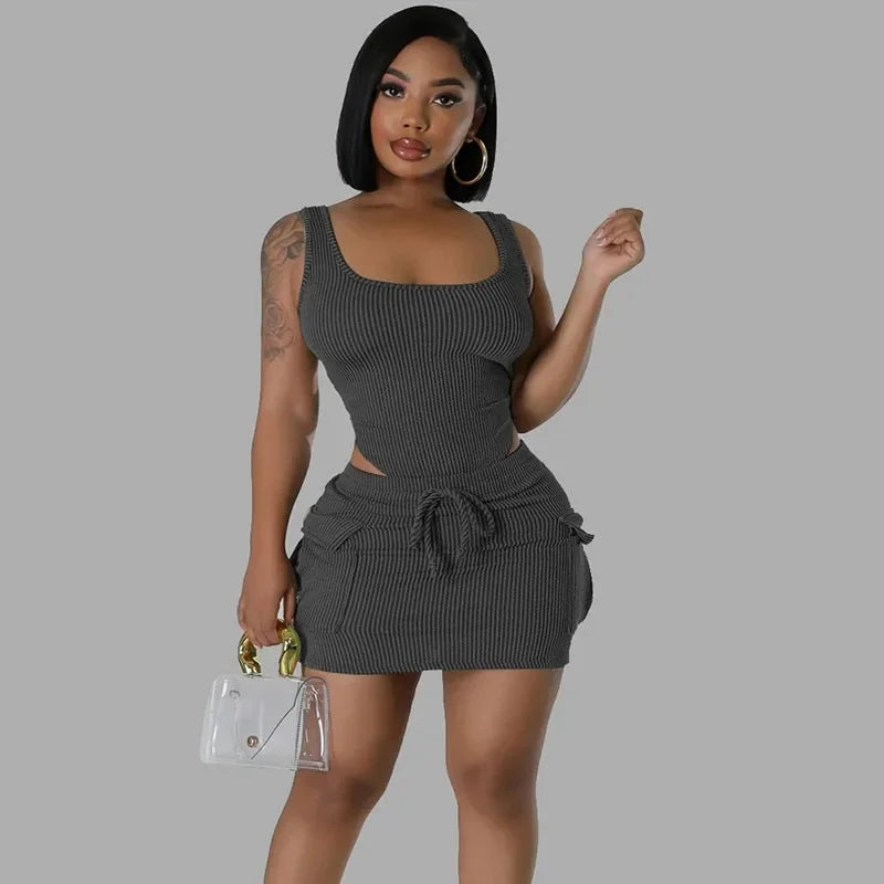 Ribbed Knit Tank Top And Mini Skirt Outfit for Women
