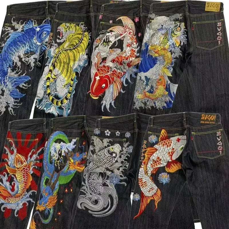 Japanese hip-hop Brocade carp printed jeans same style couple washed high waist retro casual loose ins straight wide leg pants