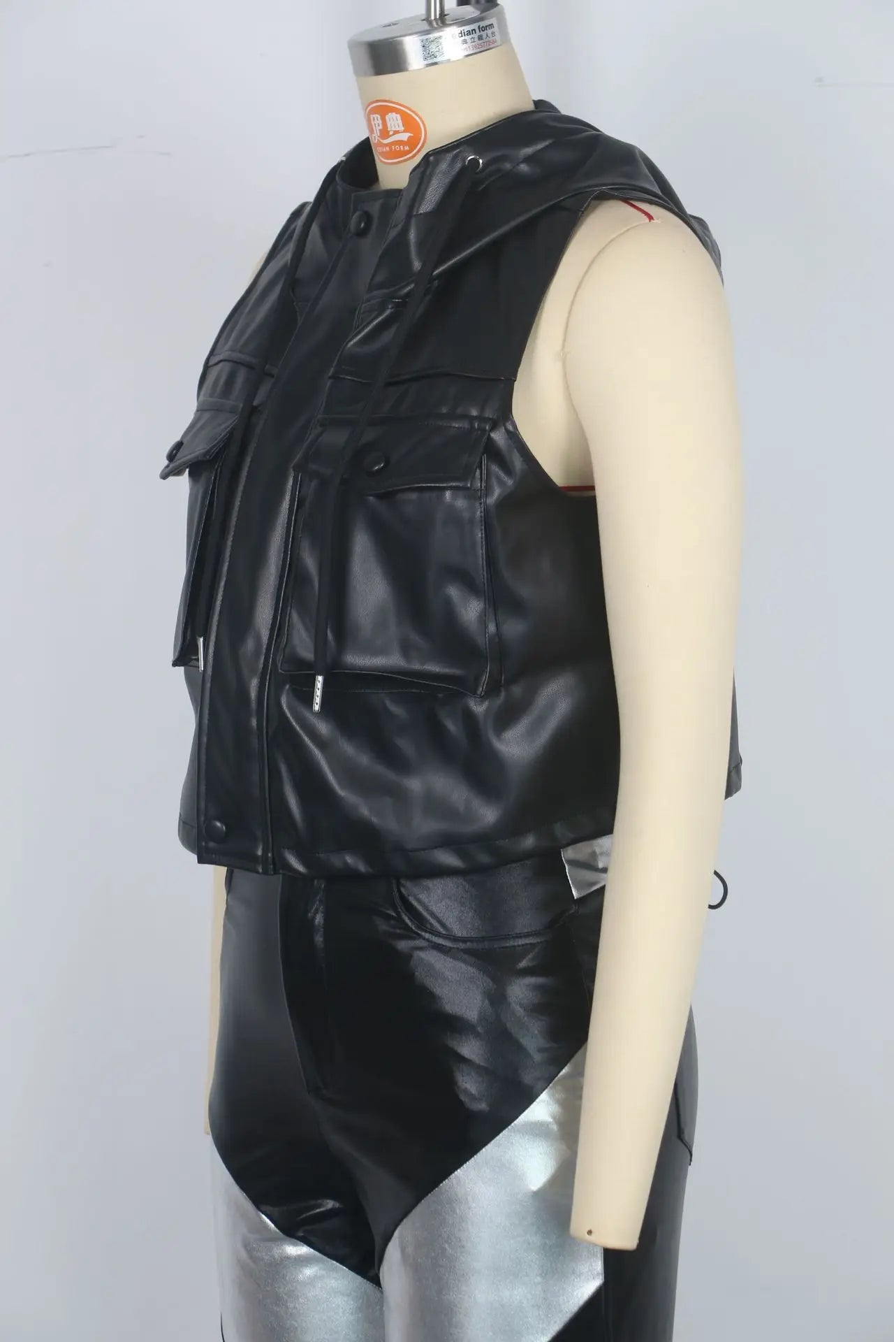 European and American fashion women's draw rope with hat three-dimensional pocket zipper PU leather vest for women