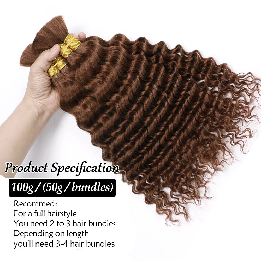 100G Human Hair Bulk for Braiding No Weft 33# Deep Wave Bulk Hair Extensions Weaving Hair for Women Braiding