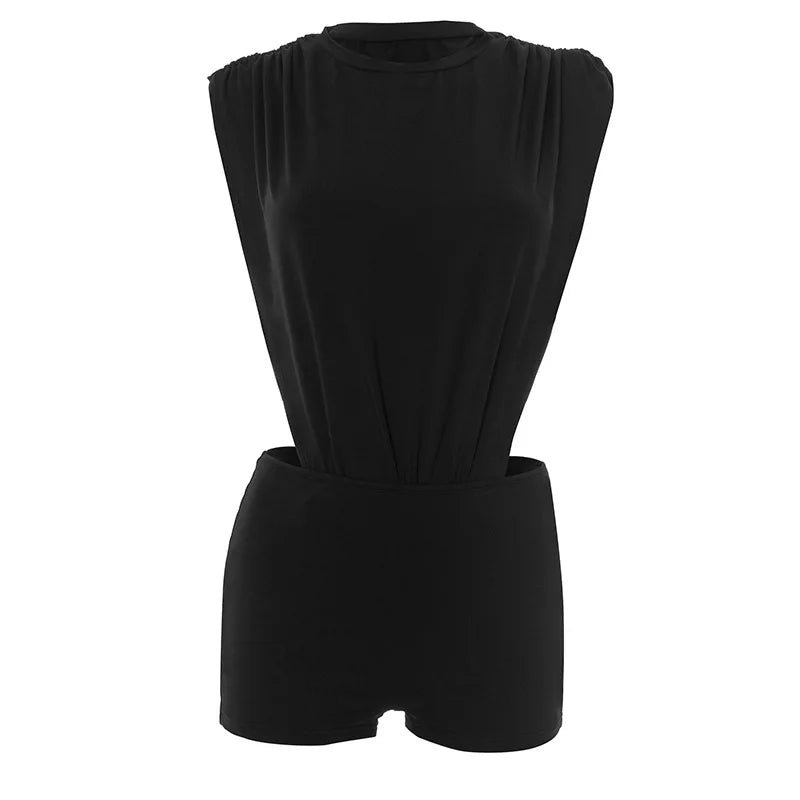 Joskaa 2025 Women's Black Two Piece Set Sexy Crew Neck Sleeveless Side Cutout Bodysuits and Bodycon Shorts Suits Y2K Streetwear