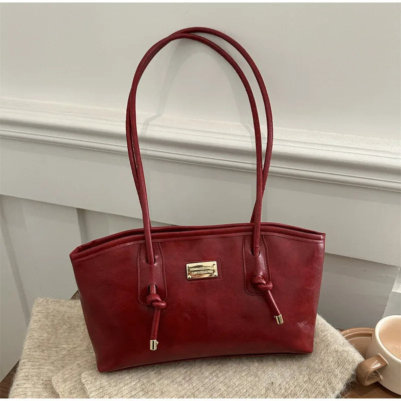 Retro French Women's Shoulder Bag Large Capacity Commuting Versatile Underarm Bag Simple Texture Solid Color Handbag Tote Bag