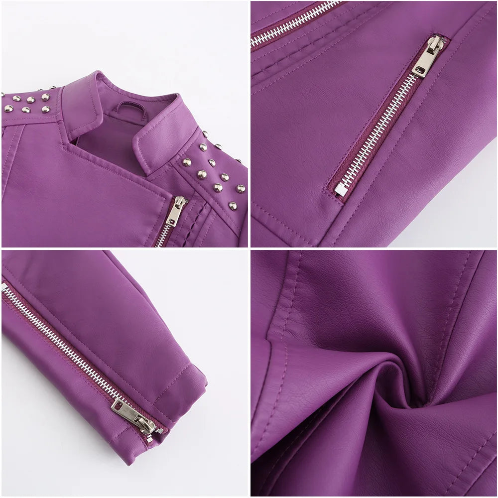 Women's Punk Rivet Leather Jacket Spring Autumn Retro Turndown Collar Slim Casual Ladies Faux Soft Leather Moto Biker Outerwear
