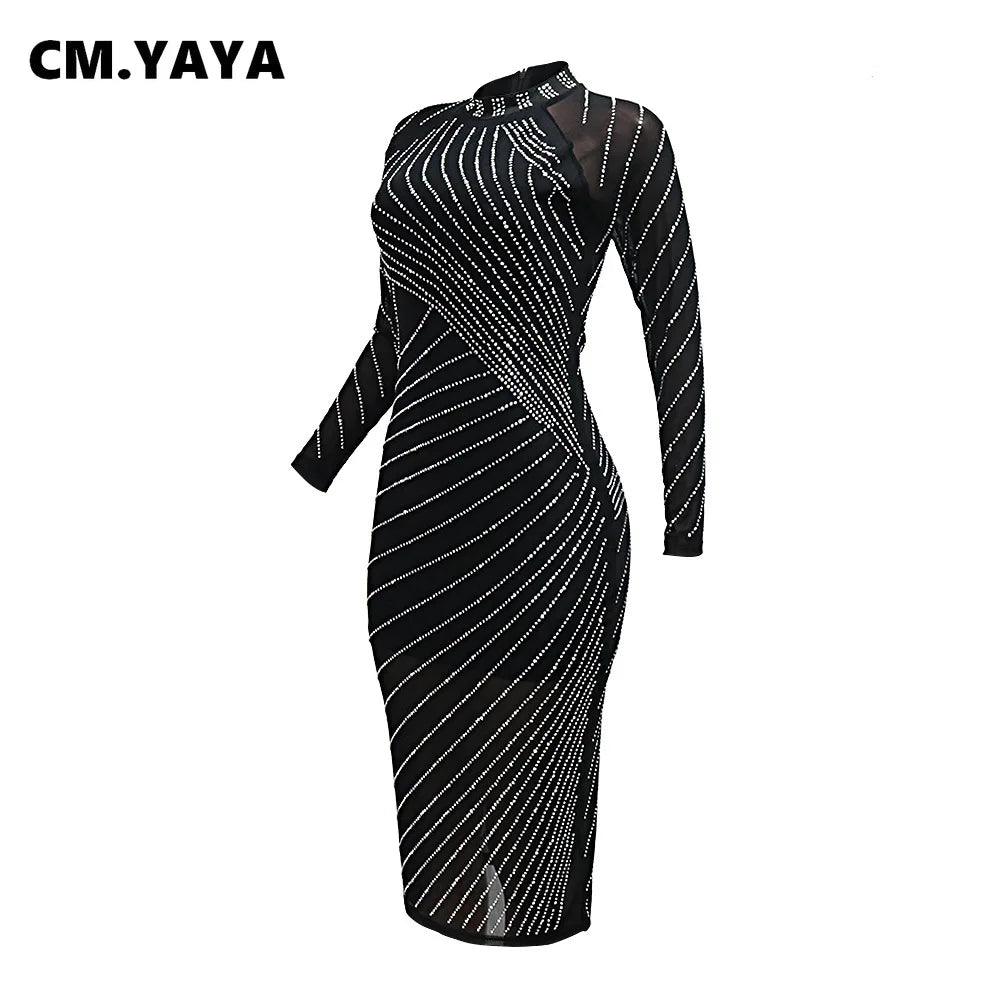 CM.YAYA Women Diamonds Hot Rhinestones Long Sleeve Bodycon Midi Dress 2024 Fall O-neck Evening Club Sexy Party Dresses Vestidos