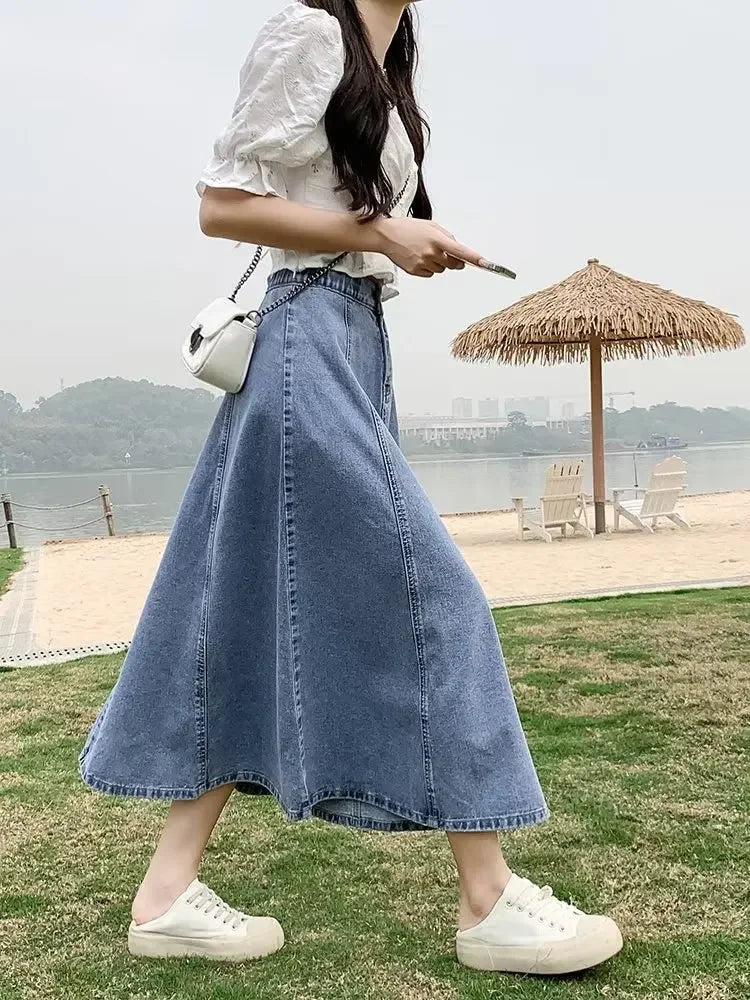 Fashionable Spring Medium-Length High-Waisted Jeans Long Dress Women's Elastic Waist A- Line Skirt Umbrella Skirt