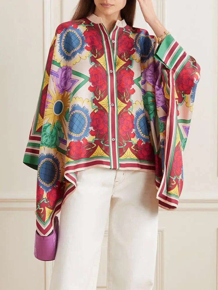 Fashion Stylish Selection Batwing Sleeves Flower Print Stand Collar Blouses Women Spring Summer High-low Buttoned Shirts Tops