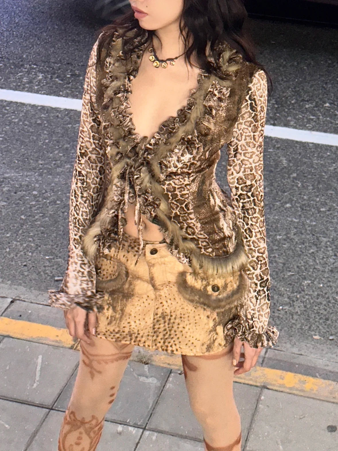 Karrram Japanese Y2k Leopard Print Shirt Vintage Harajuku Fur Shirt Grunge Aesthetics V-neck Irregular Blouses American Retro