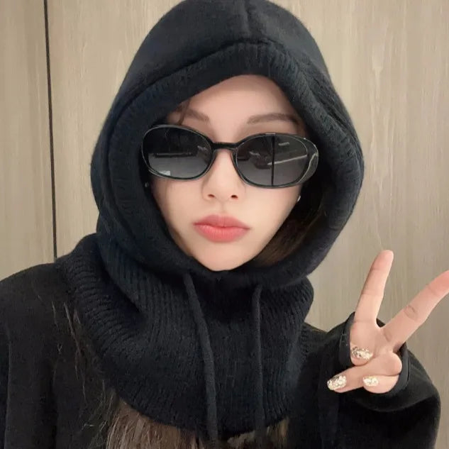 New Winter Trendy Balaclava Hat Windproof Scarf Knitted Hat For Women Cute Warm Ear Protection Hat