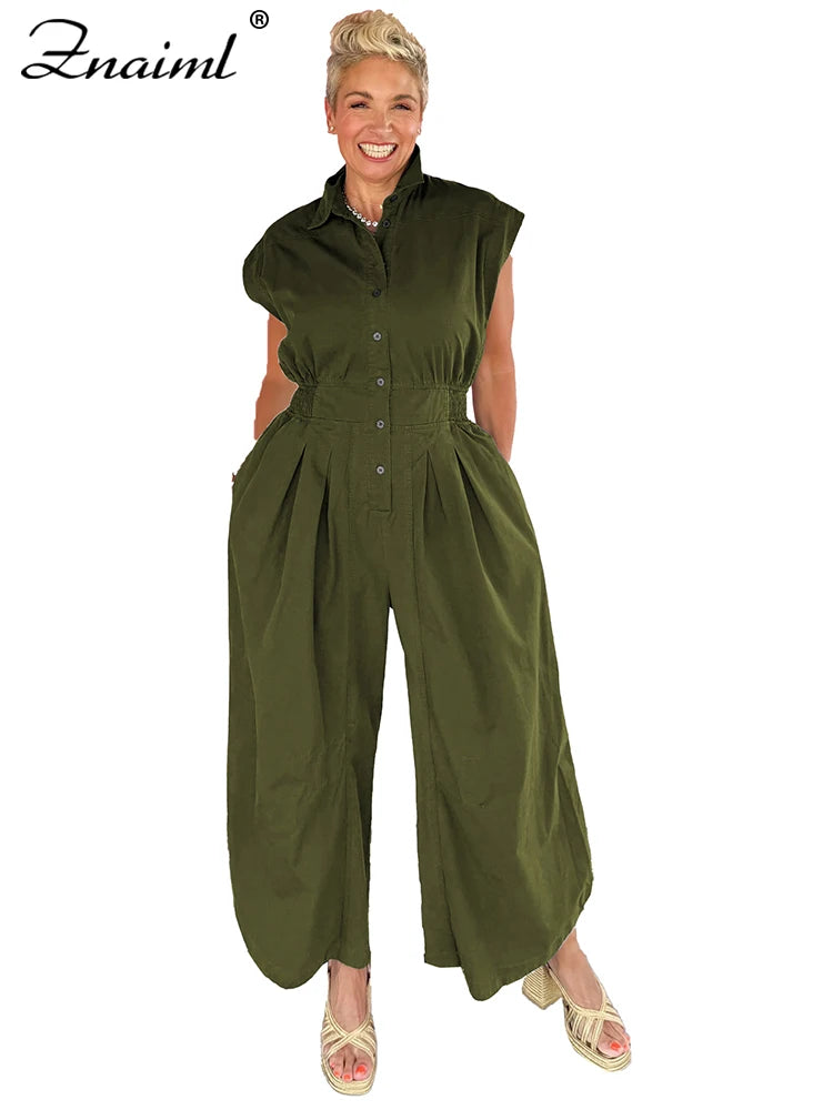 Znaiml Casual Loose Pocket Jumpsuit Women Sleeveless Button High Waist Wide Leg Rompers Street Overalls One Pieces Cargo Pants