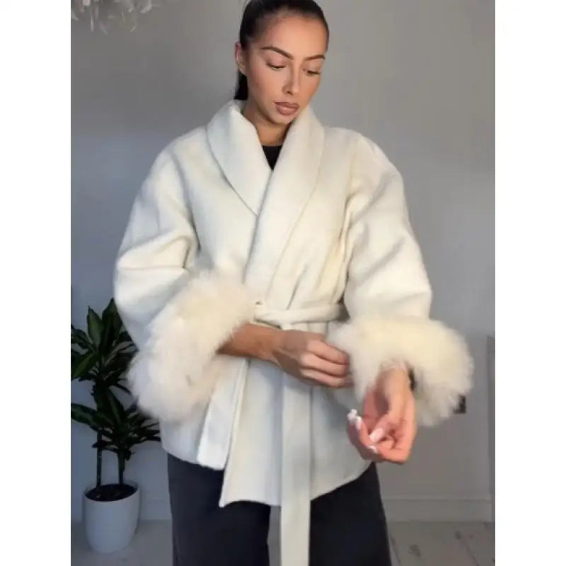 Plush Cuffs Belt Women 's Coats Elegant Lapel Faux Fur Sleeve Twist Open Coat Female 2025 Autumn Winter Fashion Lady Streetwears