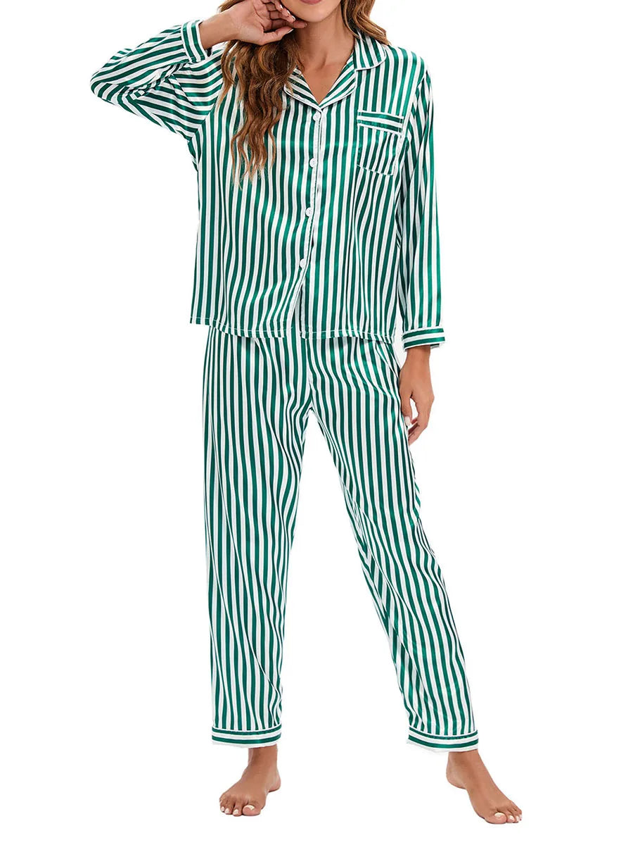 Women 2 Pieces Satin Pajamas Set Spring Autumn Long Sleeve Button Up Shirt and Casual Loose Elastic Pants Sleepwear Loungewear