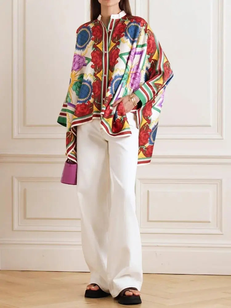 Fashion Stylish Selection Batwing Sleeves Flower Print Stand Collar Blouses Women Spring Summer High-low Buttoned Shirts Tops