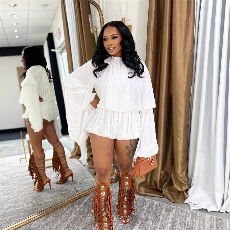 Doyerl Pleated Ruffles 2 Piece Set Woman Y2K Rave Clothing Festival Long Flare Sleeve Top and Short New in Matching Sets Outfits