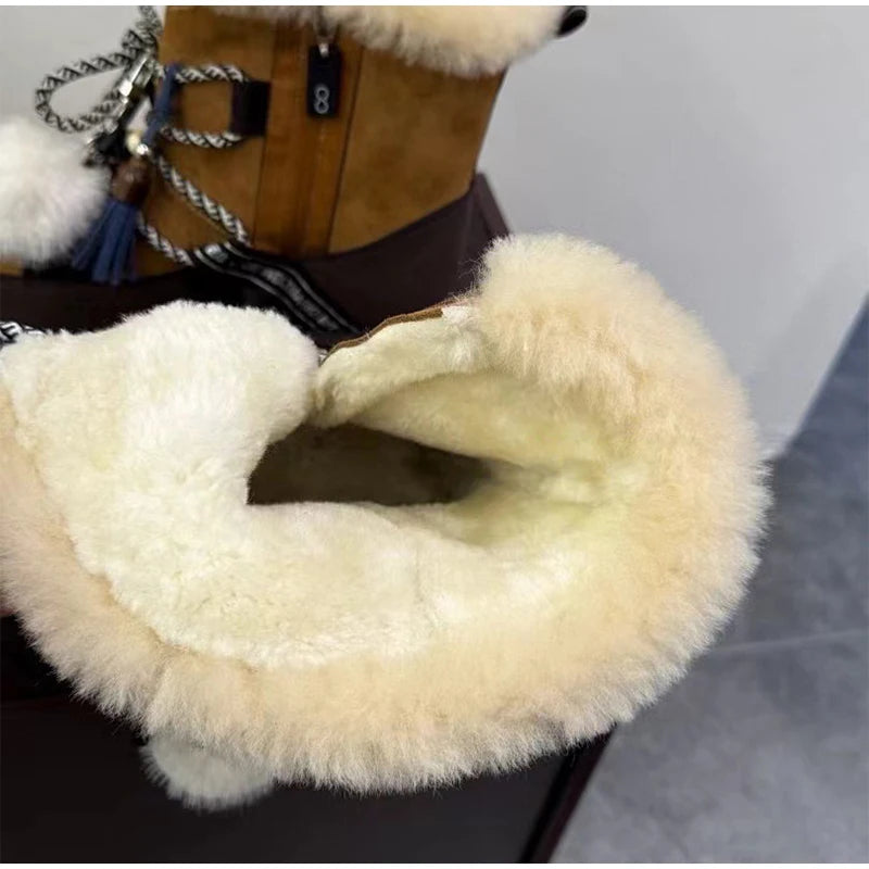 Plush Warm Snow Boots For Women Fashion Short Thick Non-slip Sports Shoes Lace-up Zipper Ankle Boots Thick Sole Shoelace Pendant