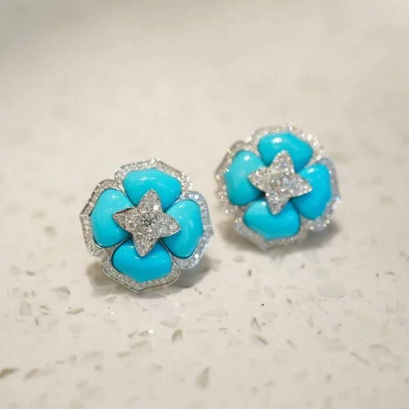 Luxury and fashionable turquoise earings stud with silver inlaid blue flower earrings for women classic wedding jewelry gift