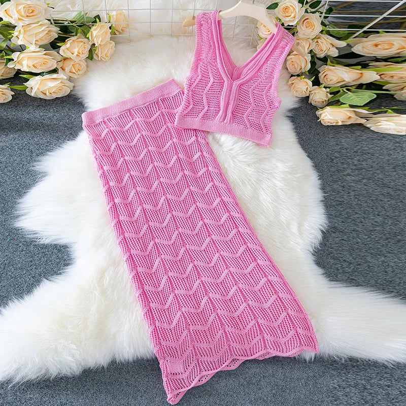 Solid Color Knitted Slim Fit Two Piece Set Casual Hollow Out Beach Outfit Lady Summer V Neck Sleeveless Top and Long Skirt Suit