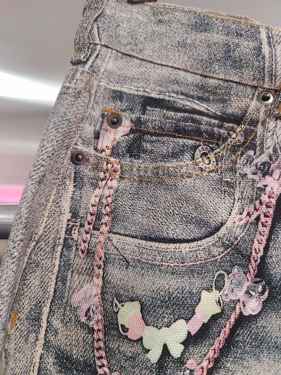 VGH Spliced Colorful Beading Chain Jeans for Women High Waist Patchwork Distressed American Retro Spring Trousers Female Style