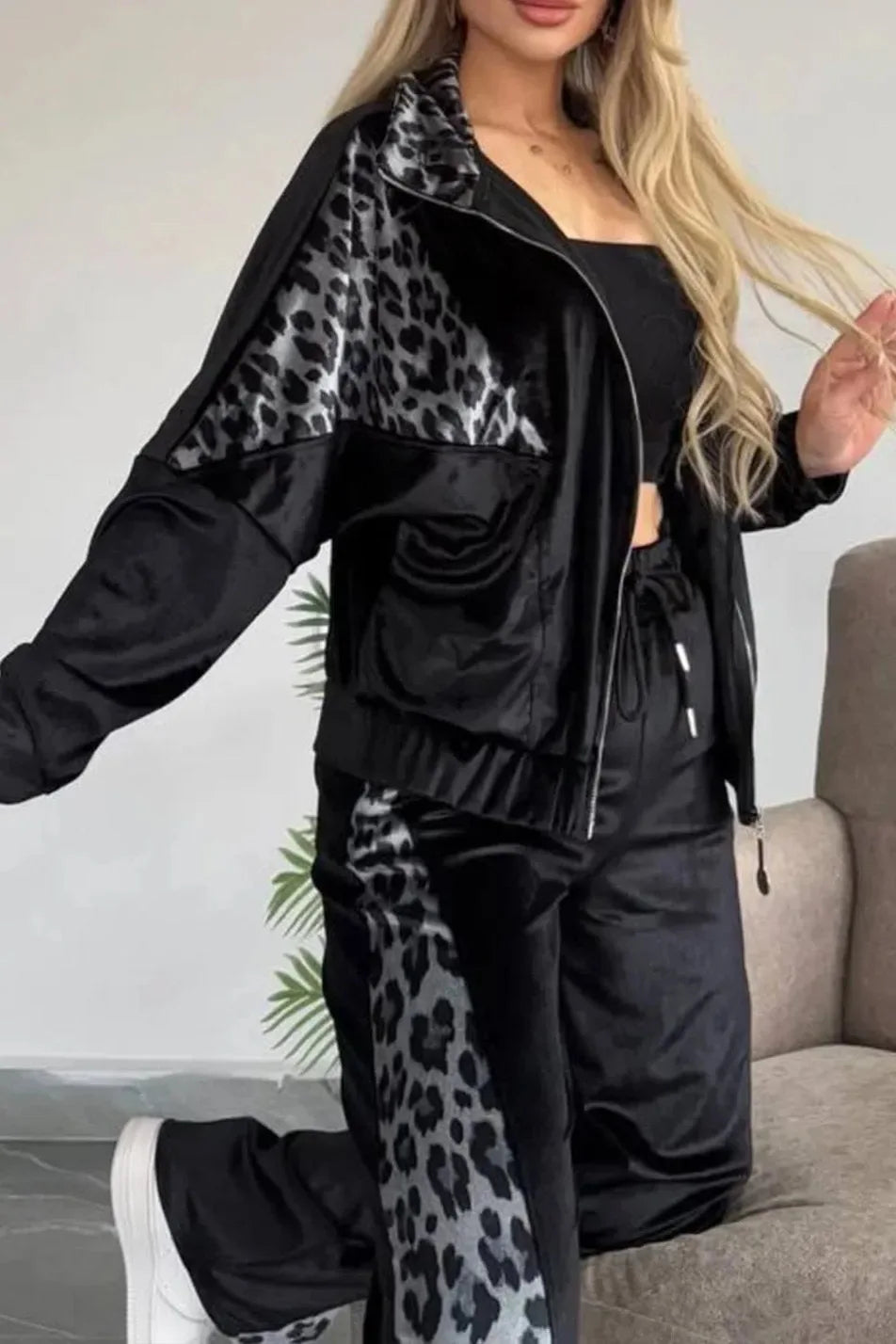 2025 Autumn Fashion Women Two Pieces Set Leopard Print Long-sleeved Lapel Zipper Straight Pants Ladies Suit Casual Outfit Female