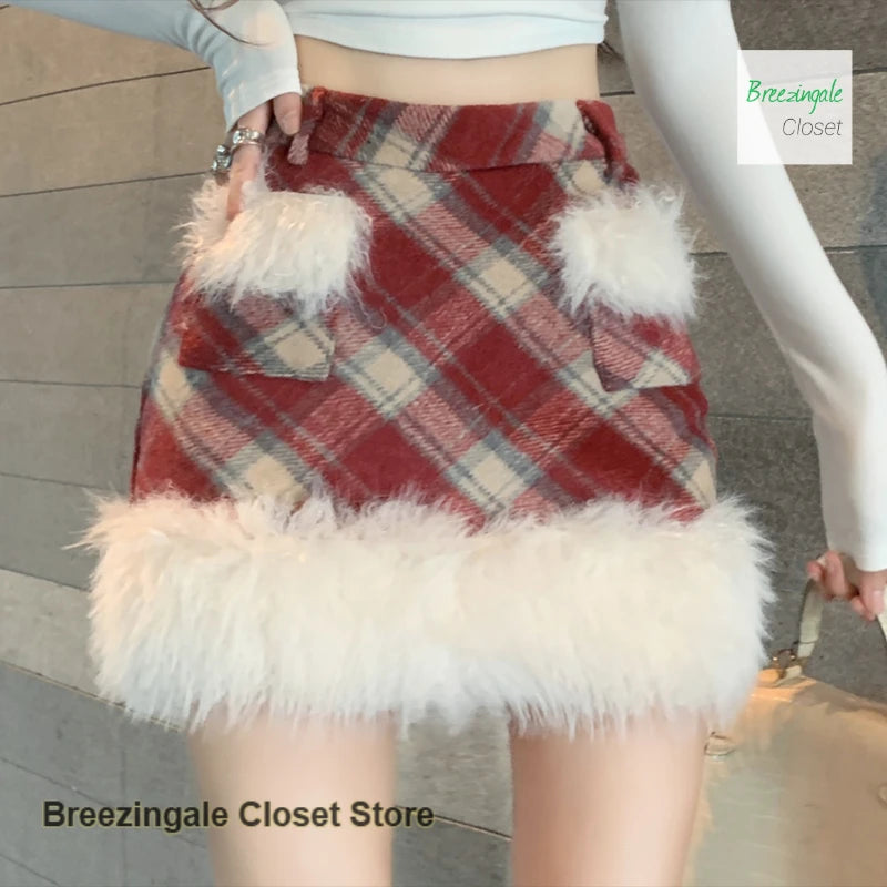 Classic Red Plaid High Waisted Pocket Skirt for Women