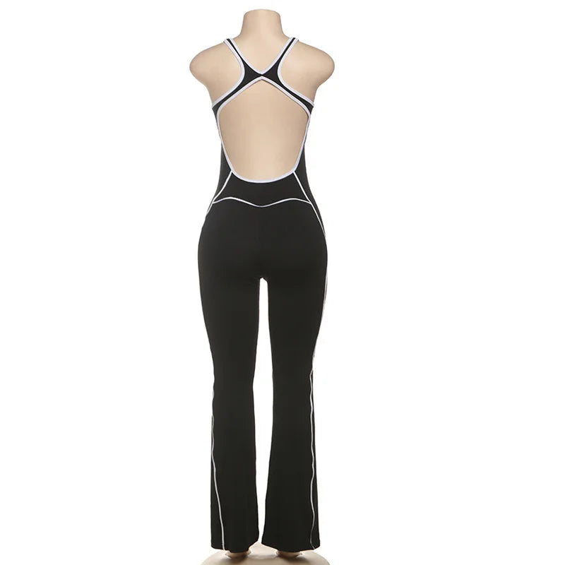 FAGADOER Fashion Striped Patchwork Bodycon Jumpsuits Women Sleeveless Backless Hollow Out Rompers Female Streetwear Overall New