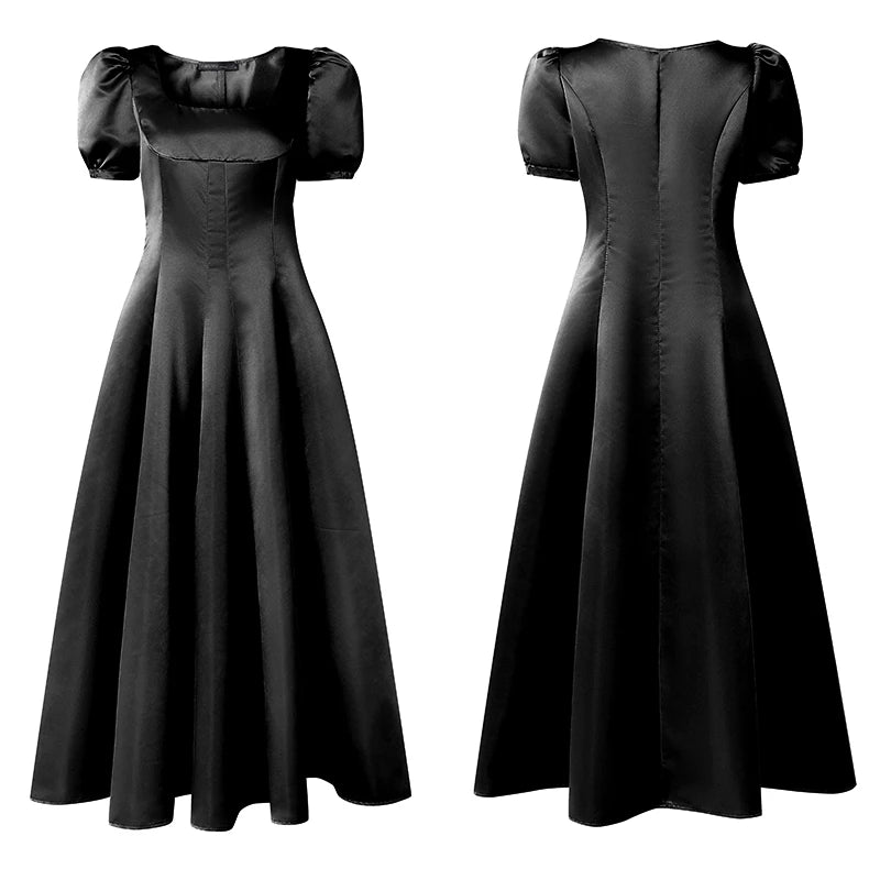 Square Neck Satin Puff Sleeve Maxi Dress