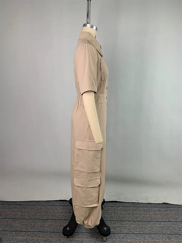 Beautyblue Women Cargo Jumpsuits Summer Business Casual Outfits Buttoned Pockets Lapel Loose Elegant Khaki Cargo Romper Female