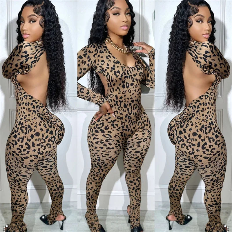 Sexy Open Back Leopard Jumpsuits Women Long Sleeve V-neck Skinny Split Flare Pants Rompers Clubwear Party One Piece Jumpsuit