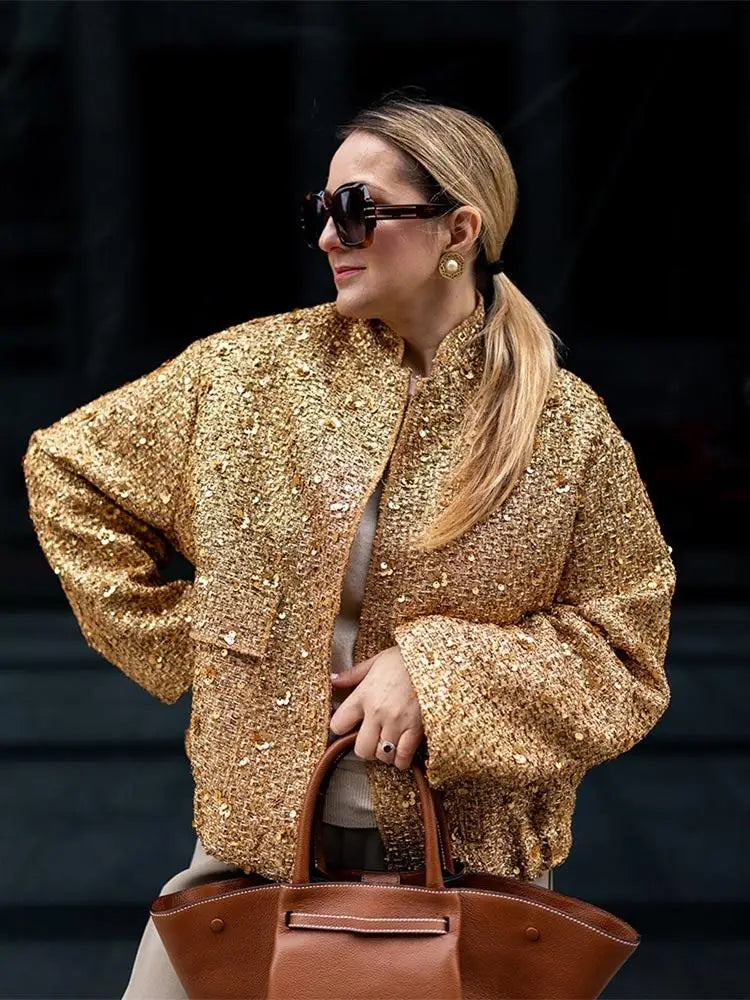 Suninheart Women's Sequined Bomber Jacket Fall O Neck Long Sleeve Pocket Stretch Hem Sequins Jacket Coat Female Chic Outerwear