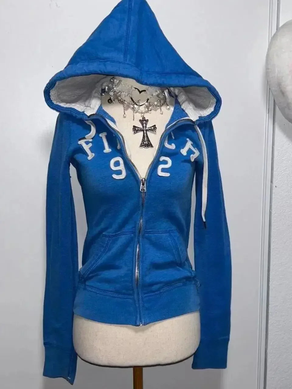 American vintage blue sweatshirt casual Y2K slim-fitting cardigan jacket for women Gothic style street wear for autumn winter