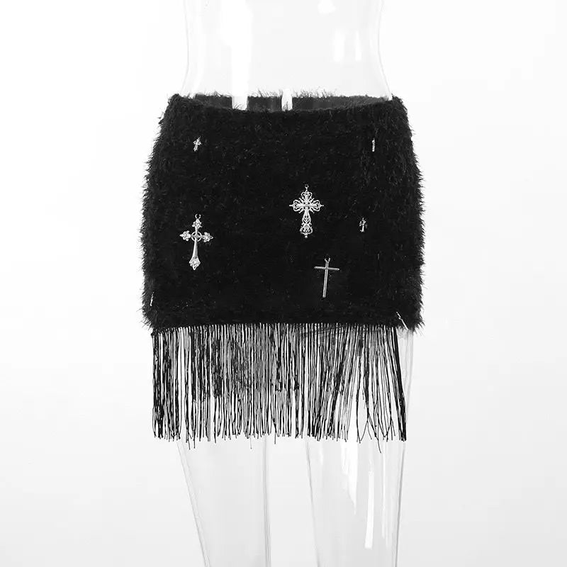 Gothic Classic Punk Cross Pendant Tassel High Elastic High Waist Sexy Plush Short Skirt Women's High-end Design Hip-pack Skirt