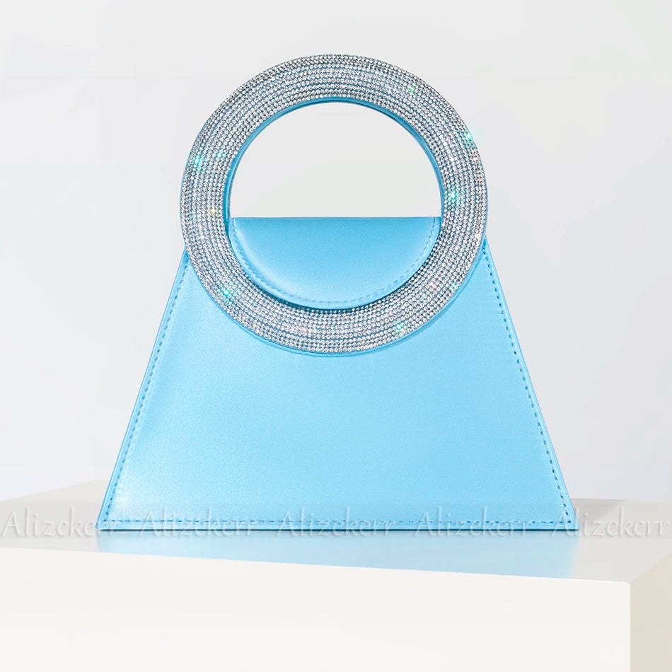 Bling Rhinestone Satin Handbags Women 2023 Elegant Boutique Round Crystal Handle Trapezoid Evening Clutch Purses Wedding Party