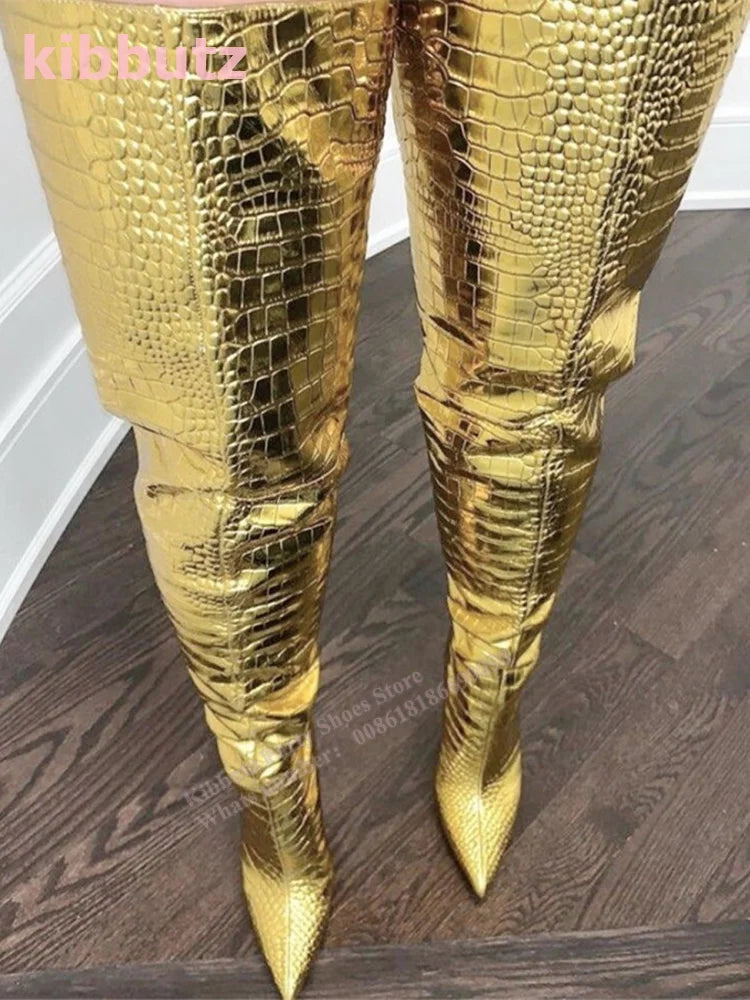 Golden Boots Over The Knee Crocodile Pattern Patent Leather Pointed Toe Thin Heel Nightclub Sexy Fashion Women Shoes 2023 Newest