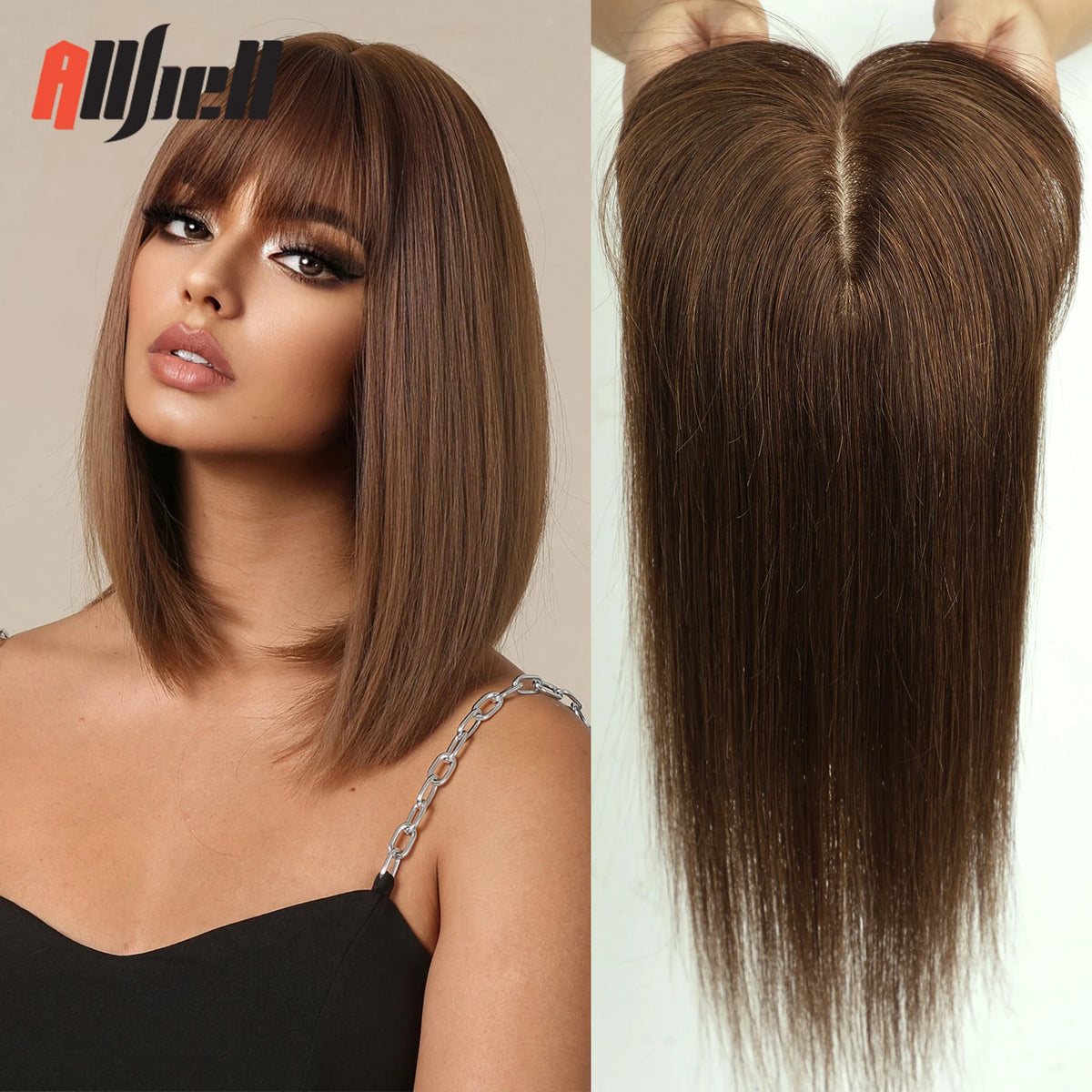 Brown Ombre Silk Base Human Hair Topper With Bangs For Women